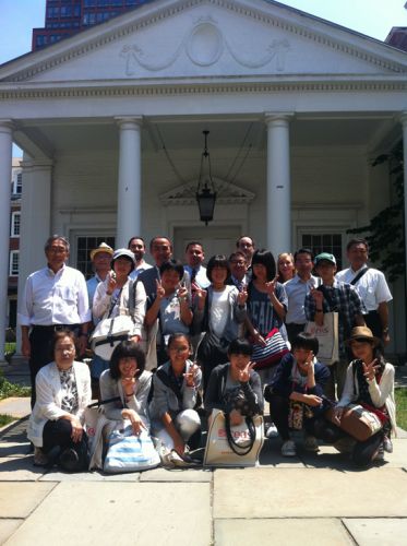 The Nihonmatsu Junior High School Student Delegation outside of the Timothy Dwight College Town Hall         Including (back row, left to right) Nick Disantis, Registrar, Council on East Asian Studies; Richard Sosa, Program Director, Council on East Asian Studies; William Fleming, Assistant Professor, East Asian Languages & Literatures and Theater Studies; Frances Rosenbluth, Wells Professor of Political Science